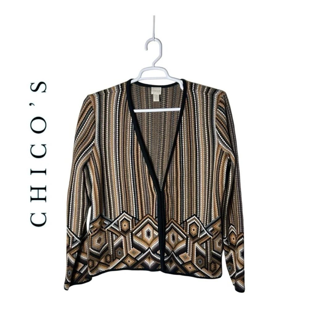 1803. CHICO’S KNITTED CARDIGAN GEOMETRIC PATTERN‎ SIZE 2(LARGE) BROWN/CREAM/RUST